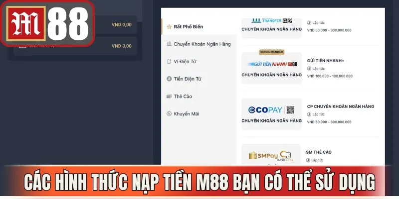 Các hình thức nạp tiền M88 hiện bạn có thể sử dụng